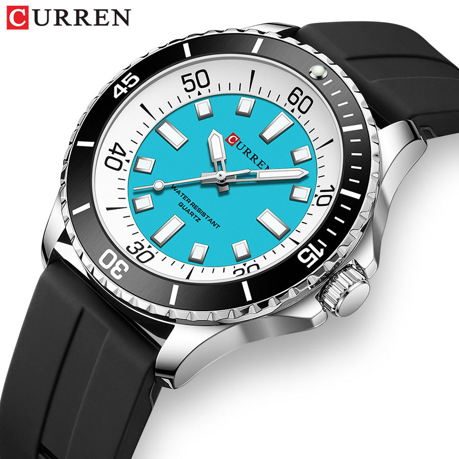 Men’s Sport Quartz Watch – Luminous Dial, Waterproof, Black Silicone Strap