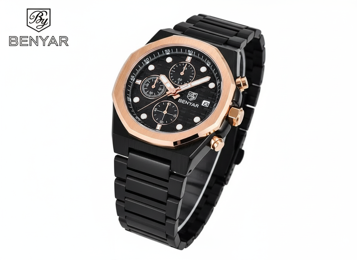 Wear Power. Wear BENYAR | Luxury Chronograph Watch for Men – Rose Gold Bezel & Black Stainless Steel Strap with Box
