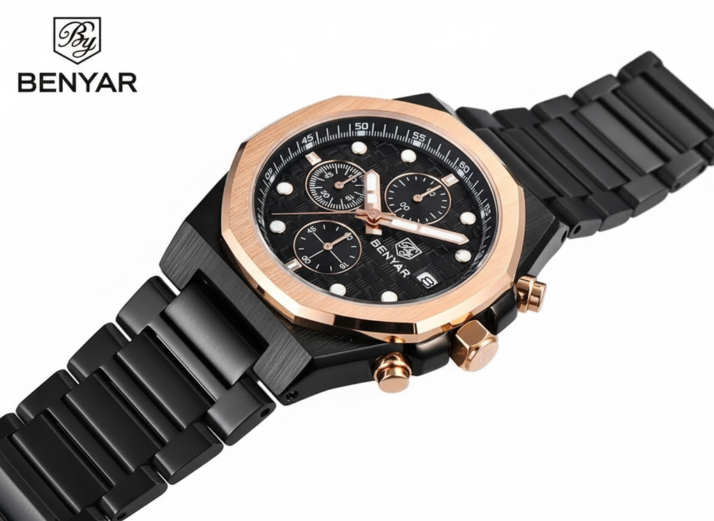 Wear Power. Wear BENYAR | Luxury Chronograph Watch for Men – Rose Gold Bezel & Black Stainless Steel Strap with Box