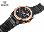 Wear Power. Wear BENYAR | Luxury Chronograph Watch for Men – Rose Gold Bezel & Black Stainless Steel Strap with Box