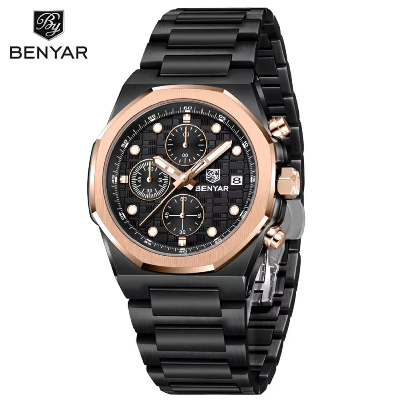 Wear Power. Wear BENYAR | Luxury Chronograph Watch for Men – Rose Gold Bezel & Black Stainless Steel Strap with Box