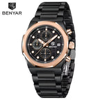 Wear Power. Wear BENYAR | Luxury Chronograph Watch for Men – Rose Gold Bezel & Black Stainless Steel Strap with Box